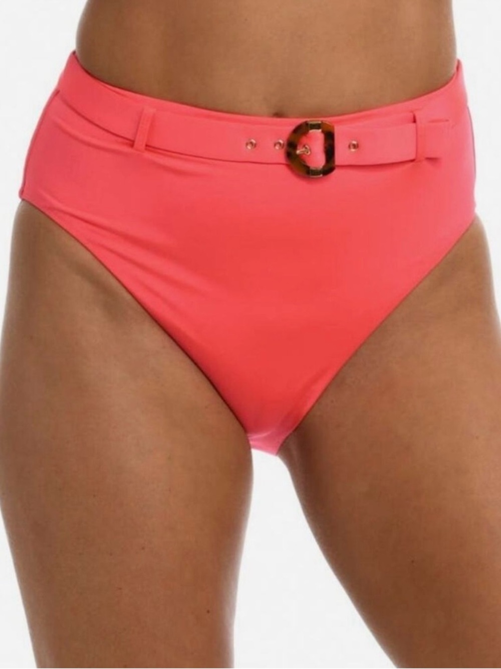 Sunshine79 Watermelon High-Waist Coral Bikini Bottom with Belted Buckle